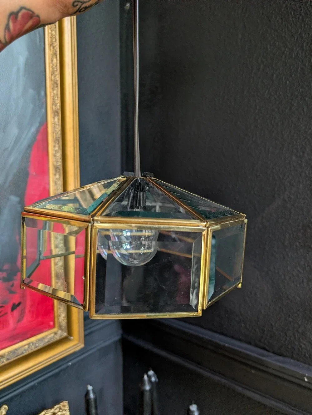 Vintage MCM Small pendant light, hexagonal brass frame, beveled glass, swag